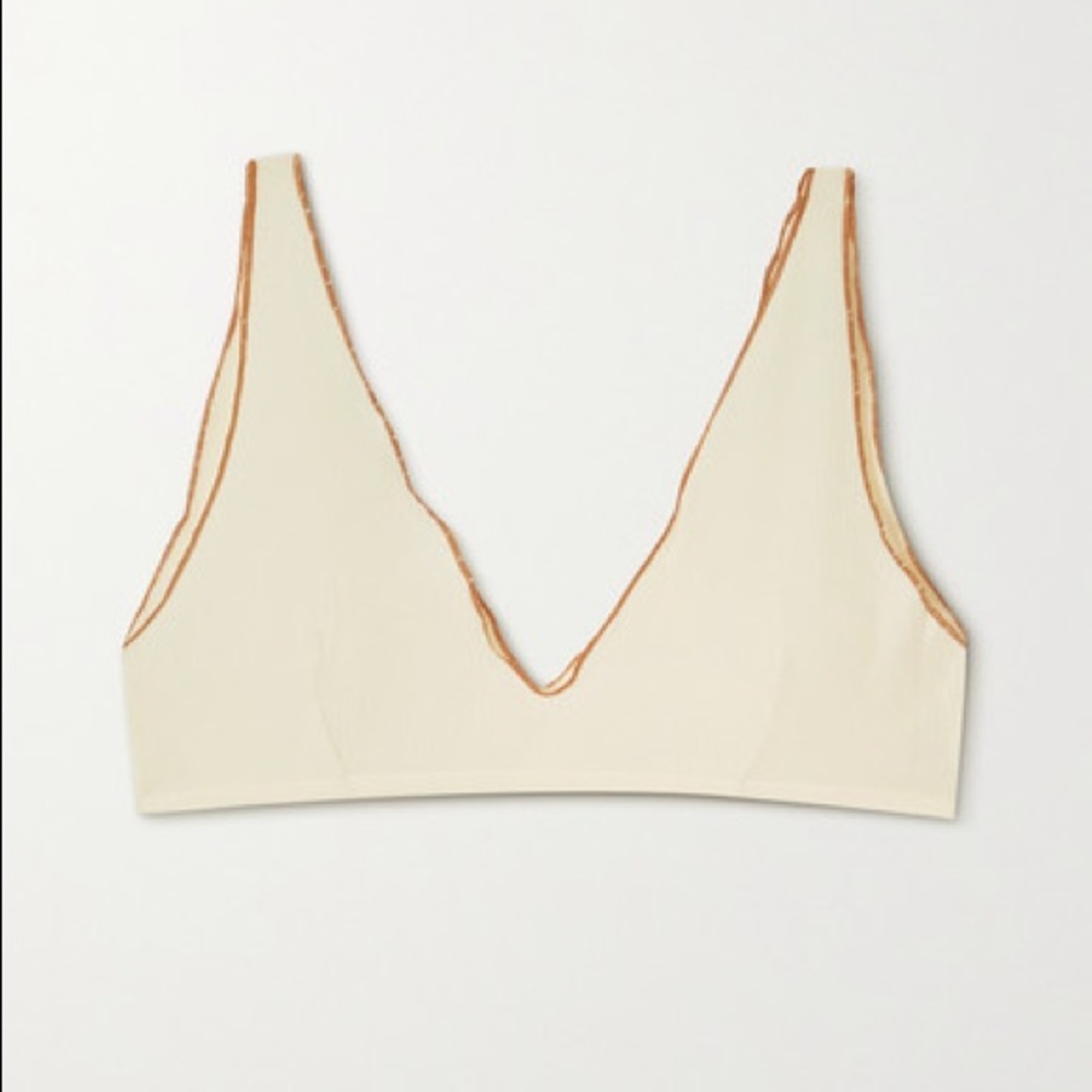 BASERANGE + NET SUSTAIN Pam ribbed organic cotton-blend soft-cup bra, L, Beige